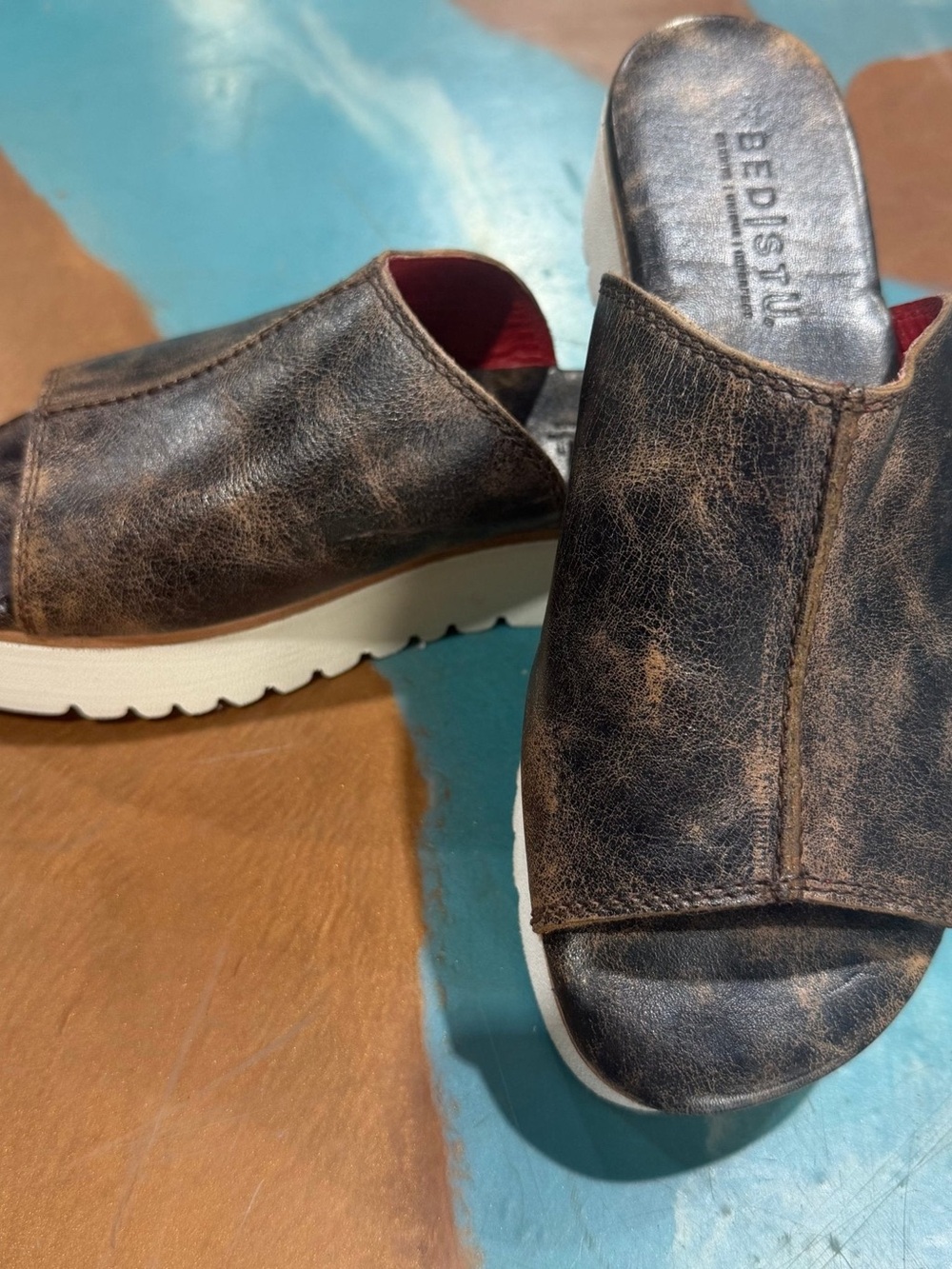 BED|STU womens Distressed Brown Leather Slide Sandals with White Sole